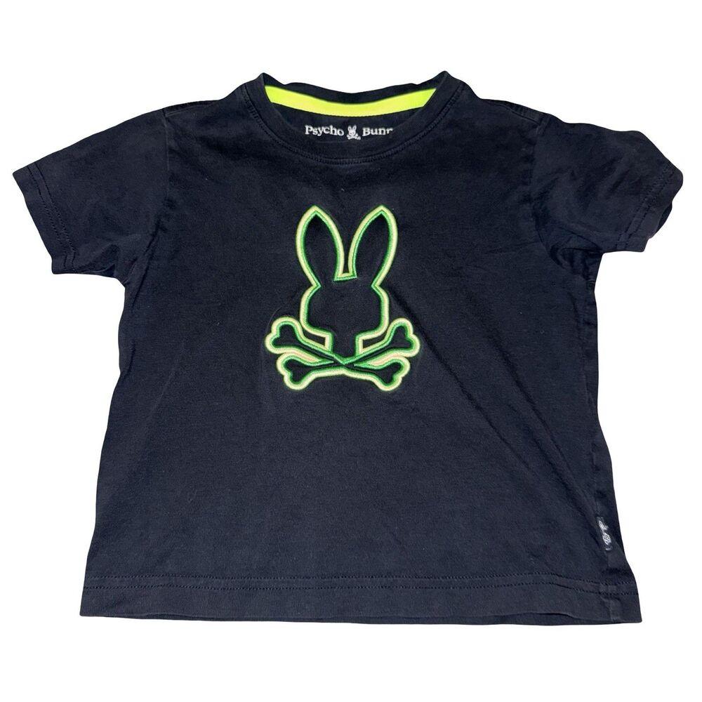 Boys 4 XXS Psycho Bunny Graphic T-Shirt Black Neon Green Short Sleeve